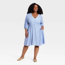 Women's Plus Balloon 3/4 Sleeve Button-Front Short Flare A-Line Dress - Ava & Viv™ Blue/White Floral 3X