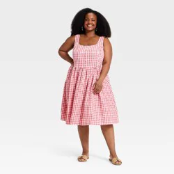 Women's Plus Sleeveless Button-Front Midi A-Line Dress - Ava & Viv™ Red Gingham XXL