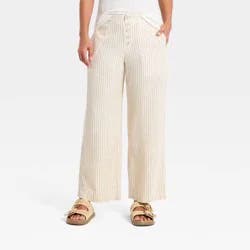 Women's Mid-Rise Linen Straight Leg Pull-On Pants - Universal Thread™ Tan Striped M