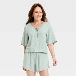 Women's Bell Elbow Sleeve Keyhole Peasant Top - Universal Thread™ Green Striped L