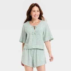 Women's Bell Elbow Sleeve Keyhole Peasant Top - Universal Thread™ Green Striped L
