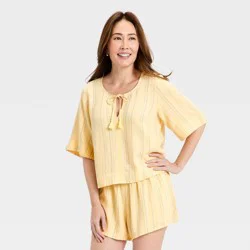 Women's Bell Elbow Sleeve Keyhole Peasant Top - Universal Thread™ Yellow Striped XS