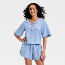 Women's Bell Elbow Sleeve Keyhole Peasant Top - Universal Thread™ Chambray XL