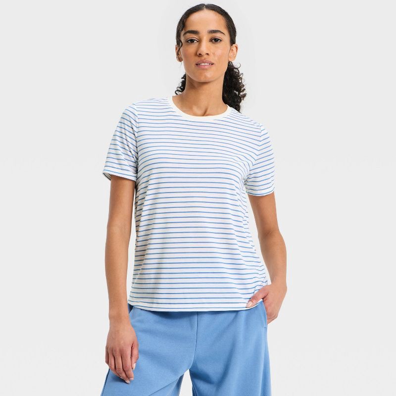 slide 3 of 5, All In Motion Women's Beyond Ease Crewneck Legging Friendly Short Sleeve T-Shirt - Navy Blue Stripe S, 1 ct