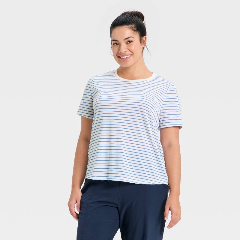 slide 4 of 5, All In Motion Women's Beyond Ease Crewneck Legging Friendly Short Sleeve T-Shirt - Navy Blue Stripe L, 1 ct