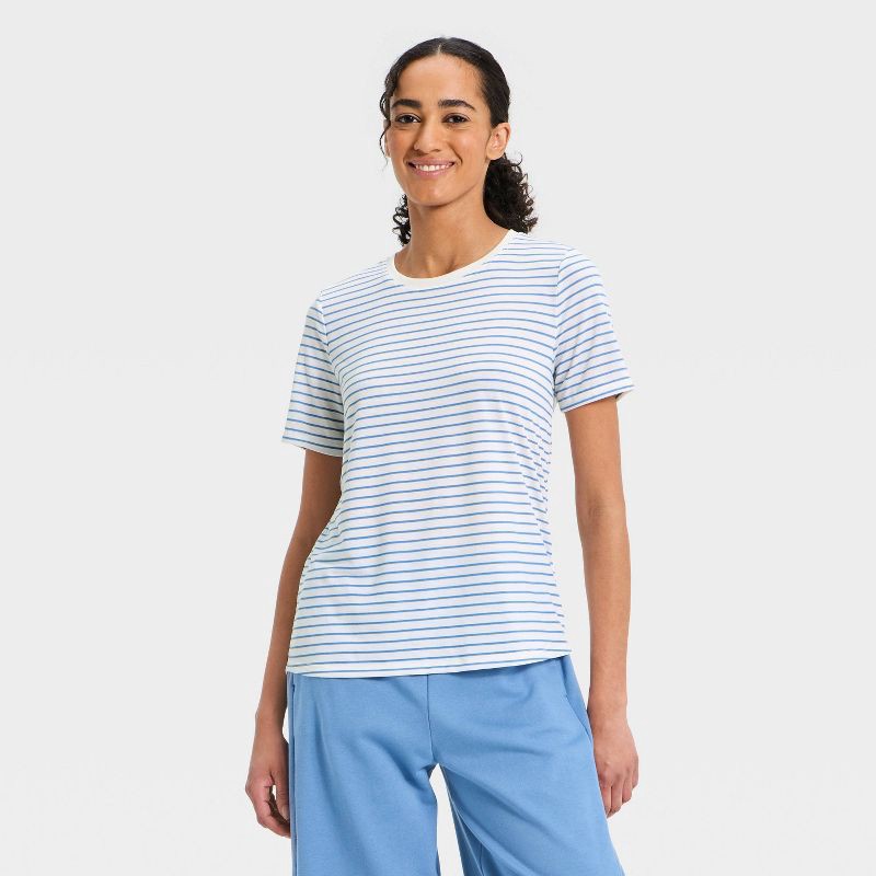 slide 1 of 5, All In Motion Women's Beyond Ease Crewneck Legging Friendly Short Sleeve T-Shirt - Navy Blue Stripe L, 1 ct