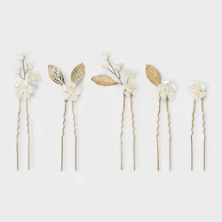 Faux Pearl Flower & Golden Leaf Hair Pin Set 5pc - A New Day™ Gold