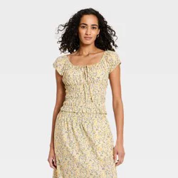 Women's Puff Short Sleeve Off the Shoulder Blouse - Universal Thread™ Green Floral XS