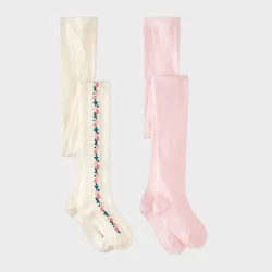 Girls' 2pk Floral Pointelle Tights - Cat & Jack™ Ivory/Pink S