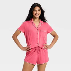 Women's Short Sleeve Notch Collar Shirt and Shorts Pajama Set - Auden™ Pink M