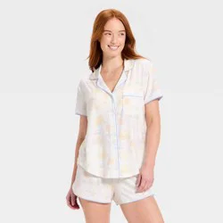 Women's Short Sleeve Notch Collar Shirt and Shorts Pajama Set - Auden™ Cream XXL