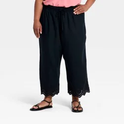 Women's Embroidered Wide Leg Pull-On Pants - Ava & Viv™ Black 3X