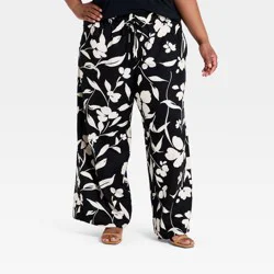 Women's Tie-Front Wide Leg Linen Pull-On Pants - Ava & Viv™ Black/Cream Floral 3X