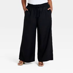 Women's Tie-Front Wide Leg Linen Pull-On Pants - Ava & Viv™ Black 2X