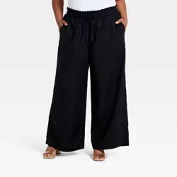 Women's Tie-Front Wide Leg Linen Pull-On Pants - Ava & Viv™ Black 3X