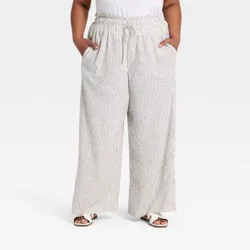 Women's Tie-Front Wide Leg Linen Pull-On Pants - Ava & Viv™ Cream/Navy Striped XXL
