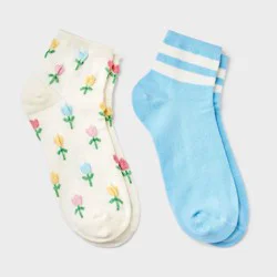 Girls' 2pk Textured Floral and Striped Ankle Socks - art class™ Ivory/Blue M