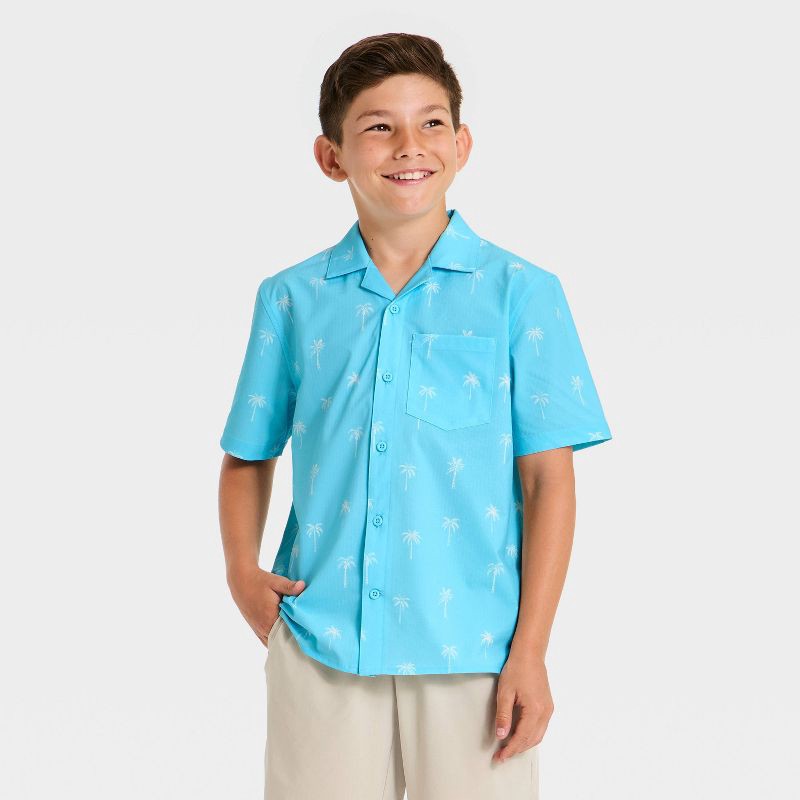 slide 1 of 3, Boys' Short Sleeve Seersucker Button-Down Shirt - All In Motion™ Aqua Blue M, 1 ct