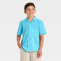 Boys' Short Sleeve Seersucker Button-Down Shirt - All In Motion™ Aqua Blue M