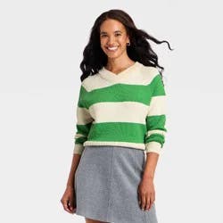 Women's Long Sleeve High V-Neck Pullover Sweater - A New Day™ Green M