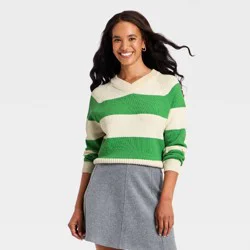 Women's Long Sleeve High V-Neck Pullover Sweater - A New Day™ Green L