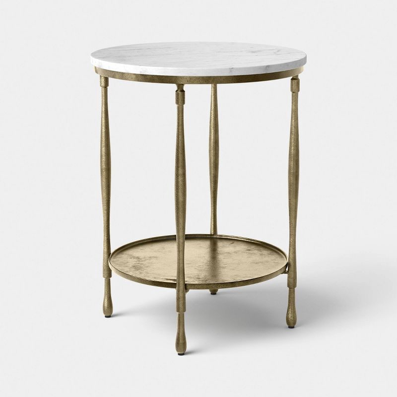 slide 1 of 2, Threshold Cast Metal and Carrara White Marble Side Table Antique Brass Finish - Fully Assembled, 1 ct