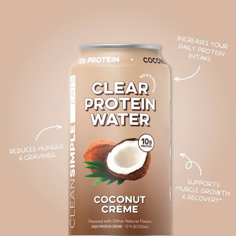 slide 7 of 9, Clean Simple Eats Clear 10g Protein Water Coconut Creme - 12 fl oz Can, 10 gram, 12 fl oz