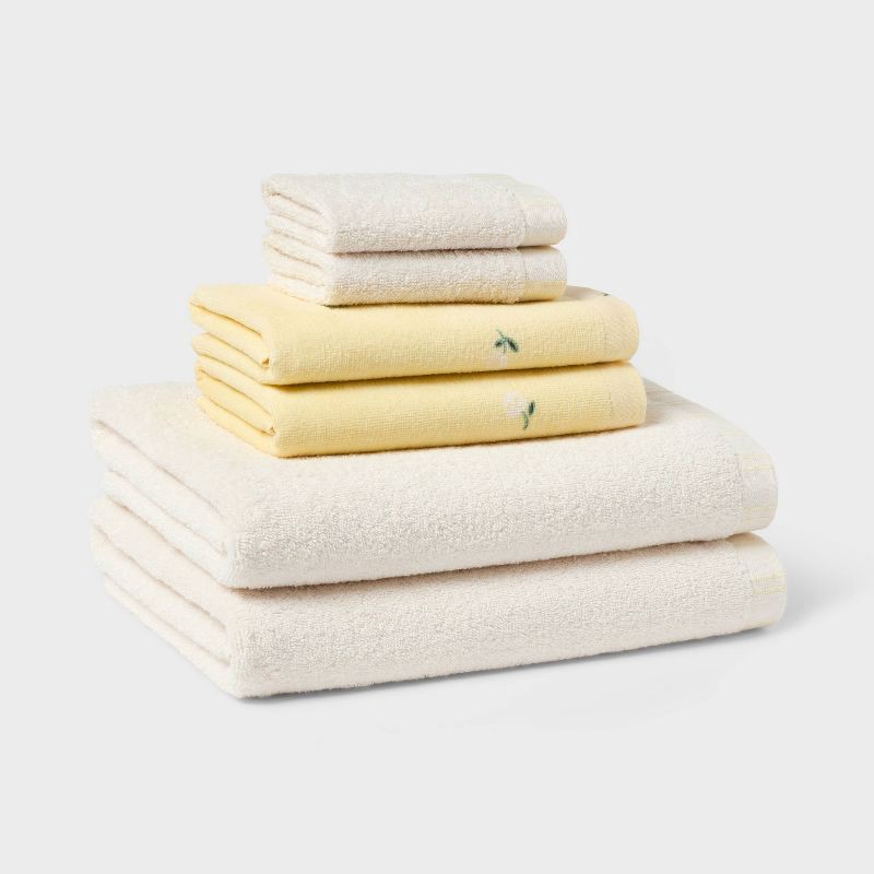slide 1 of 8, 6pc Everyday Floral Dorm Towel Set Ivory/Yellow - Room Essentials™, 6 ct
