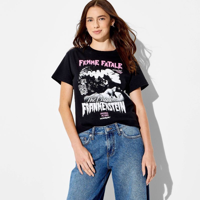 slide 1 of 3, Universal Women's Frankenstein Bride Oversized Short Sleeve Graphic T-Shirt - Black XXS, 1 ct