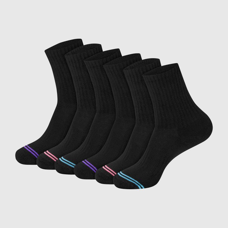slide 1 of 5, Hanes Premium Women's 6pk Cool Comfort Cushioned Crew Socks - Black 5-9, 6 ct