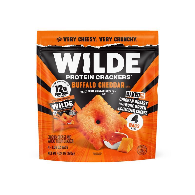 slide 1 of 7, WILDE 12g On the Go Snacks Protein Crackers - Buffalo Cheddar - 1.06oz/4ct: Ready to Eat, Net Weight 4.24 oz, 12 gram, 1.06 oz, 4 ct, 4.24 oz