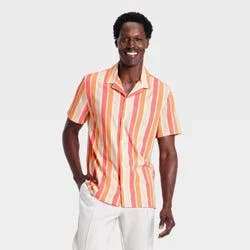 Men's Seersucker Button-Down Shirt - All In Motion™ Orange Vertical Striped XL