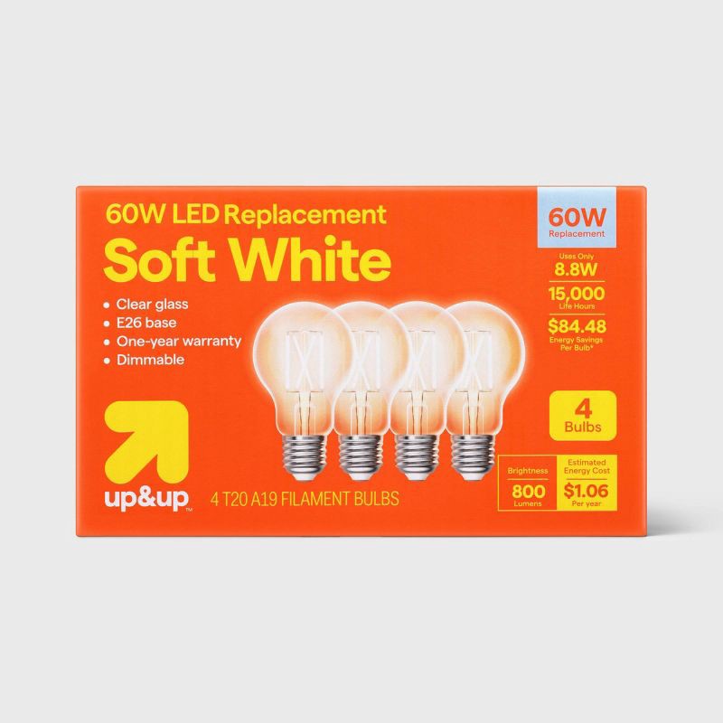 slide 1 of 4, 4pk A19 Filament Clear Glass 60W Light Bulb Warm - up&up™, 4 ct
