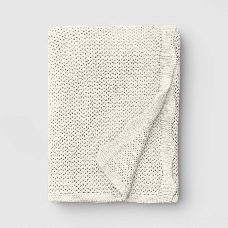 slide 1 of 6, Knit Throw with Scalloped Edge Ivory - Threshold™, 1 ct