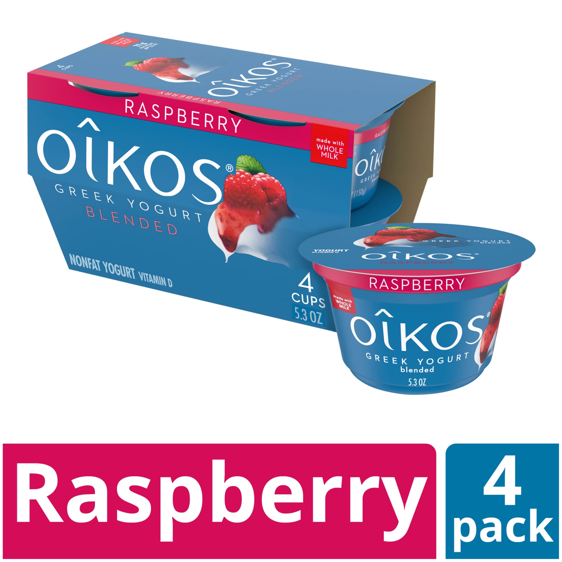 slide 1 of 5, Oikos Whole Milk Raspberry Greek Yogurt Cups, 4 ct; 5.3 oz