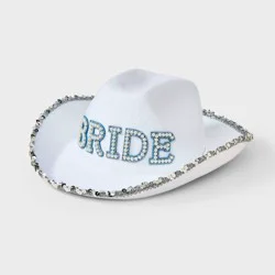 "Bride" Pearl Rhinestone Cowboy Hat - White/Blue