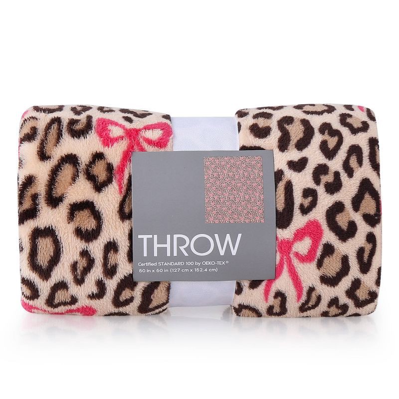 slide 1 of 4, Kelly Leopard with Bows Throw Blanket Pink, 1 ct