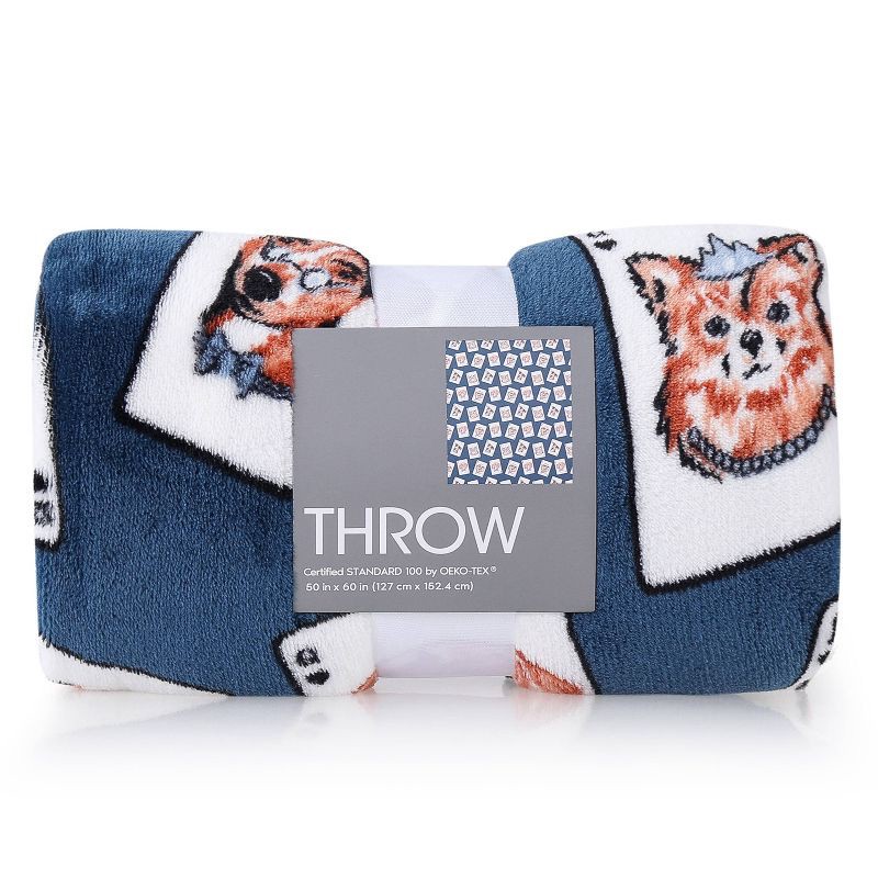slide 1 of 4, Dog Playing Cards Throw Blanket Blue, 1 ct