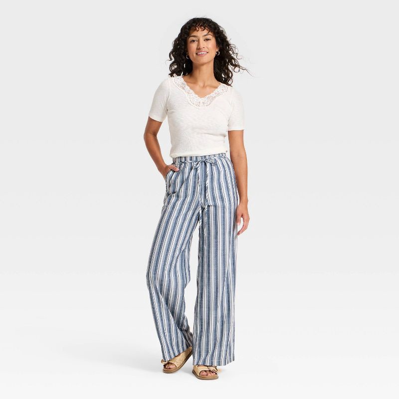 slide 3 of 3, Women's Mid-Rise Wide Leg Palazzo Pants - Universal Thread™ Navy Blue Striped XL, 1 ct