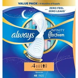 Always Infinity Overnight Long Menstrual Pads - 48ct