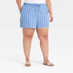 Women's Poplin Pull-On Shorts - A New Day™ Blue Striped XXL