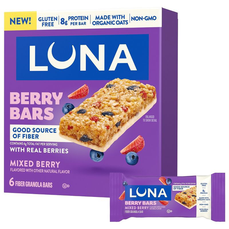 slide 1 of 15, LUNA Bar Gluten Free Mixed Berry Flavor Fiber Granola Protein Bars Made with Organic Oats - 7g Protein - 10.14oz/6ct, 7 gram, 10.14 oz, 6 ct