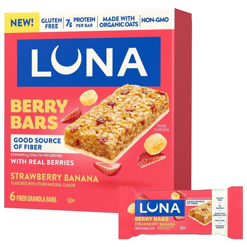 slide 1 of 15, LUNA Bar Gluten Free Strawberry Banana Fiber Granola Protein Bars - 10.14oz/6ct, 10.14 oz, 6 ct
