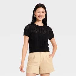 Women's Short Sleeve Crochet Sweater Top - A New Day™ Black M