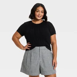 Women's Short Sleeve Crochet Sweater Top - A New Day™ Black XXL