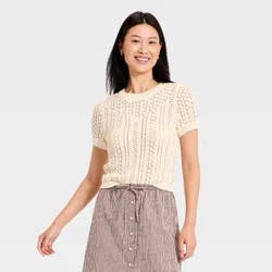 Women's Short Sleeve Crochet Sweater Top - A New Day™ Cream XS