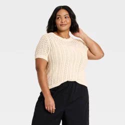 Women's Short Sleeve Crochet Sweater Top - A New Day™ Cream XXL