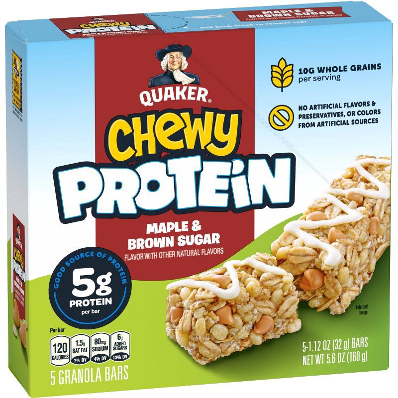 slide 1 of 9, Quaker Chewy Maple & Brown Sugar Protein Bars - 5g Protein - 5.6oz/5ct, 5 gram, 5.6 oz, 5 ct