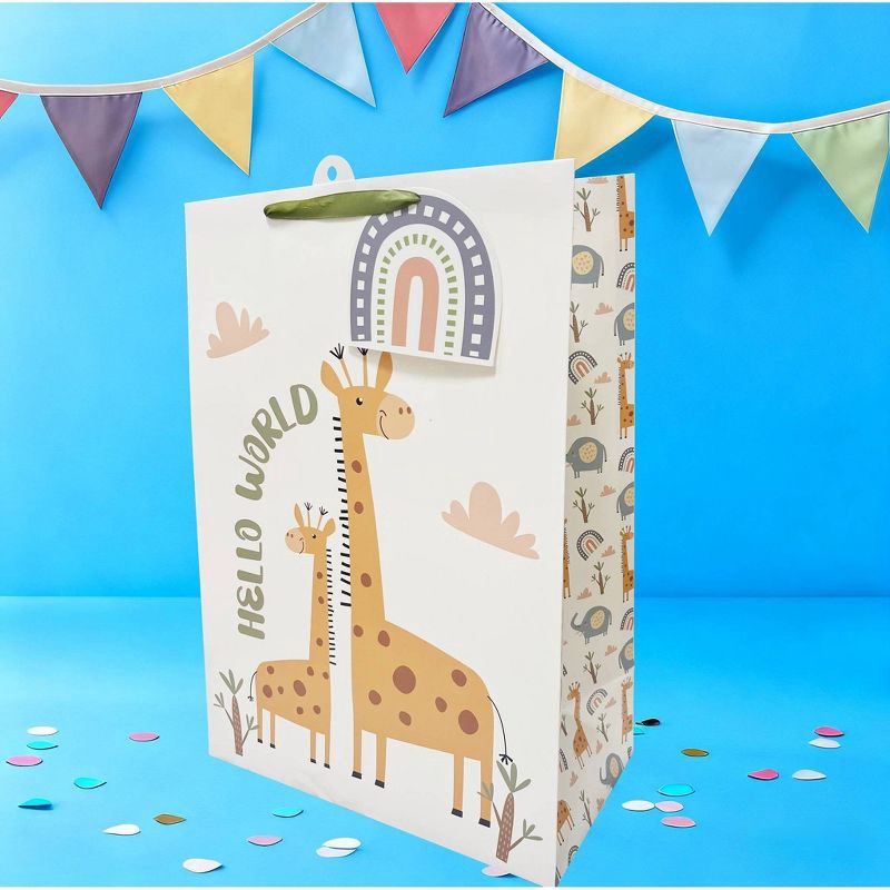 slide 2 of 3, Bows And Sparkles XLarge 'Hello World' Giraffe Baby Gift Bag with Tag White, 1 ct