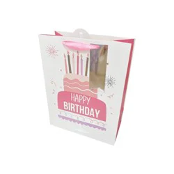 Bows And Sparkles Medium Foil Print 'Happy Birthday' Cake Gift Bag with Tag White/Pink/Silver